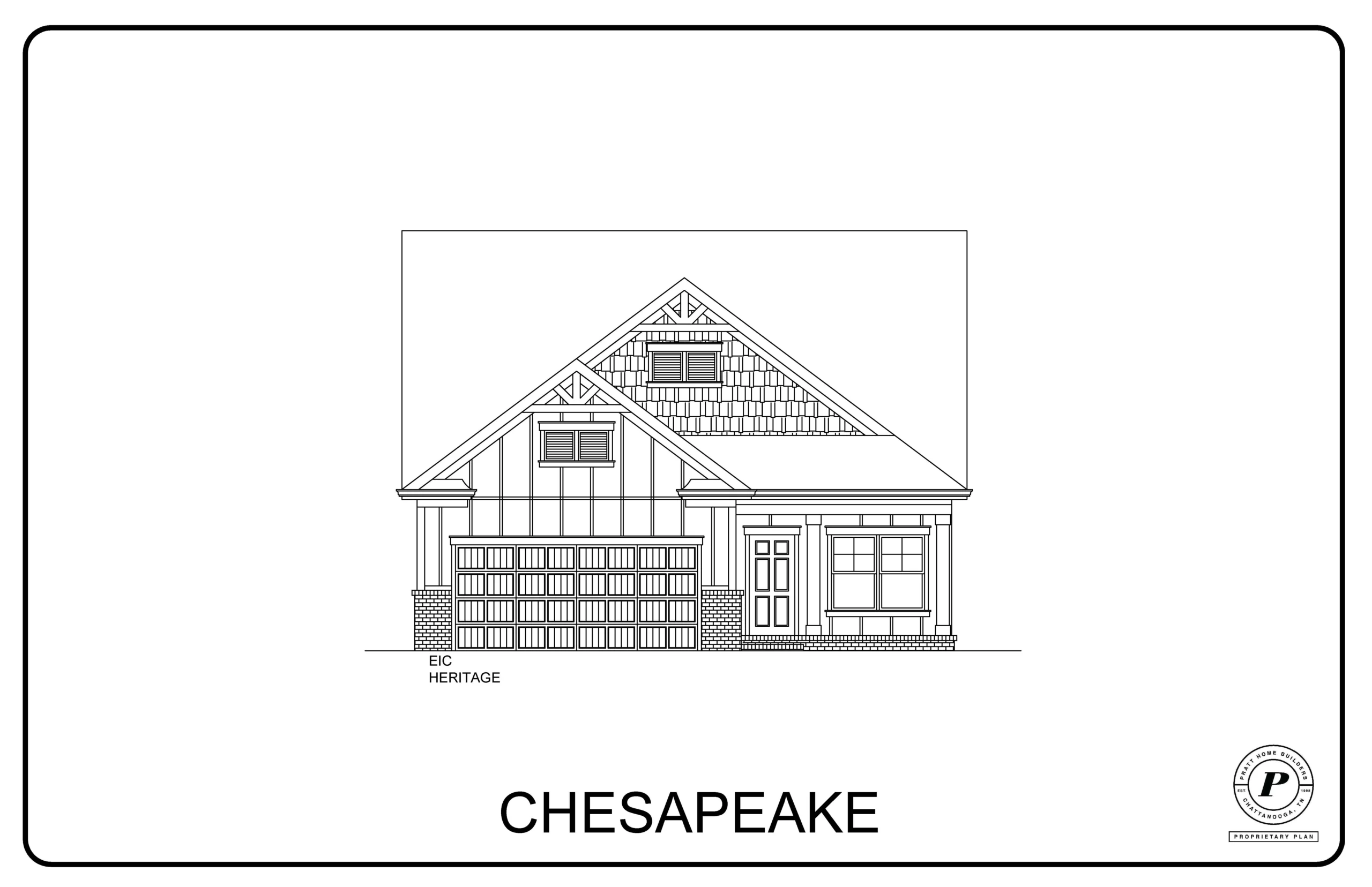 Chesapeake home design by Pratt Home Builders in Chattanooga TN, featuring a gabled roof, front porch, and double garage.