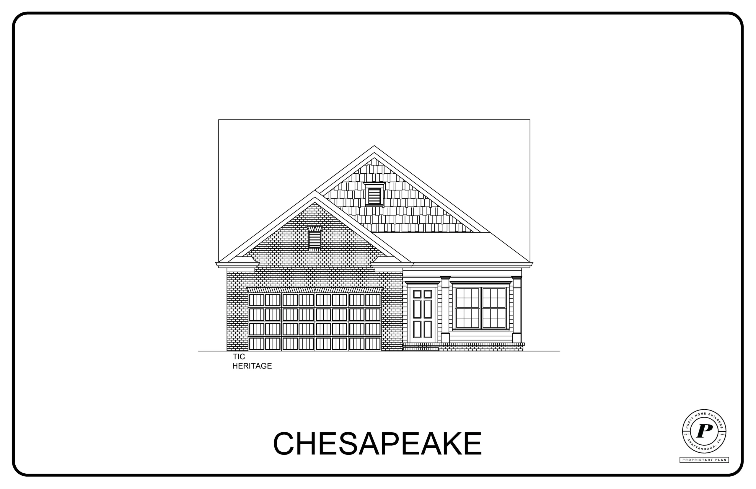 Chesapeake home design by Pratt Home Builders in Chattanooga TN, featuring a gabled roof, brick façade, and two-car garage.