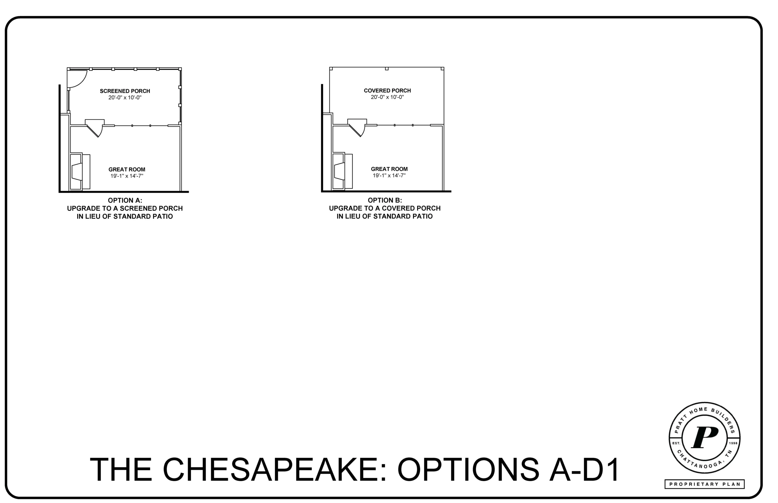 Floor plans for "The Chesapeake" show options to upgrade from standard patio to screened or covered porch. Pratt Home Builders in Chattanooga TN.
