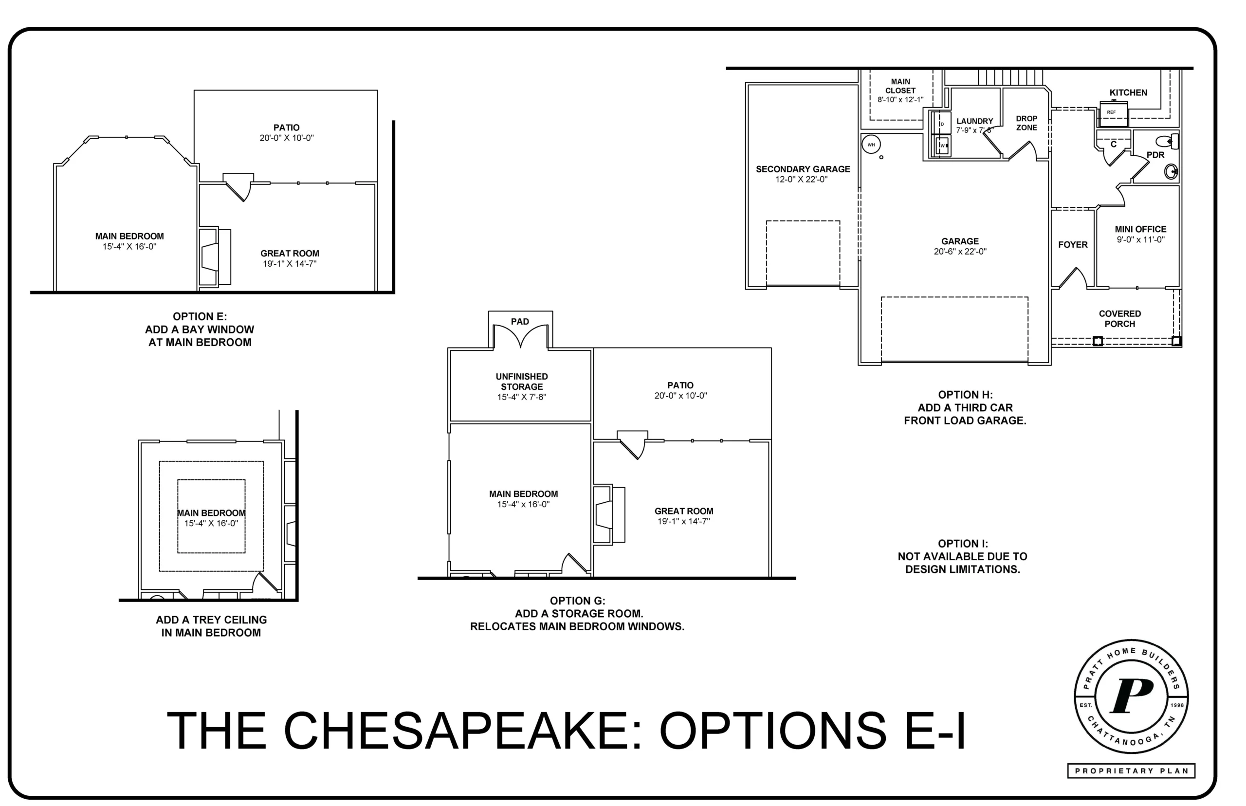 Floor plan for The Chesapeake by Pratt Home Builders in Chattanooga, TN, showing options like bay window, storage room, and third car garage.