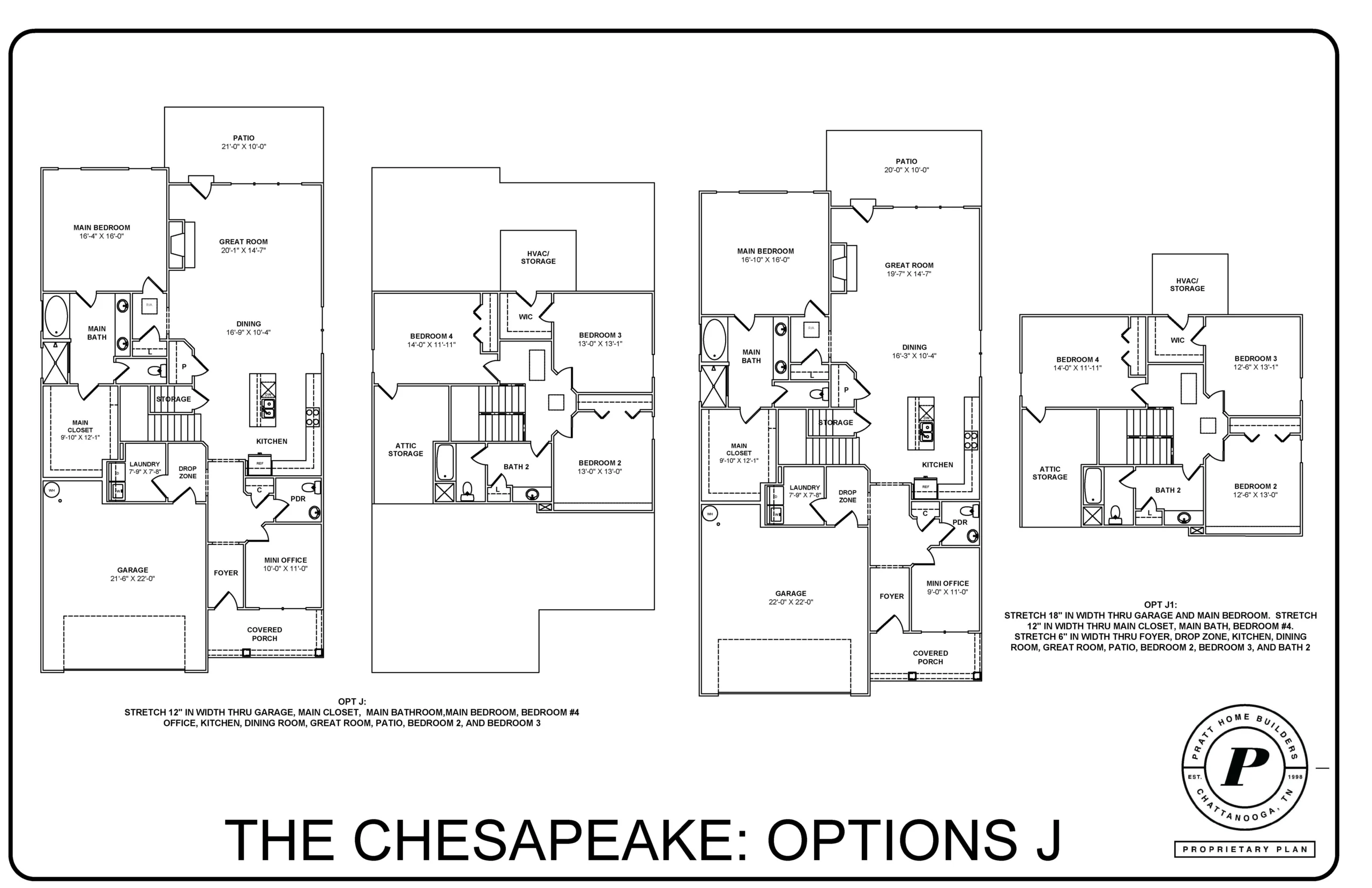 Floor plan of The Chesapeake: Options J by Pratt Home Builders in Chattanooga, TN, featuring kitchen, great room, and multiple bedrooms.