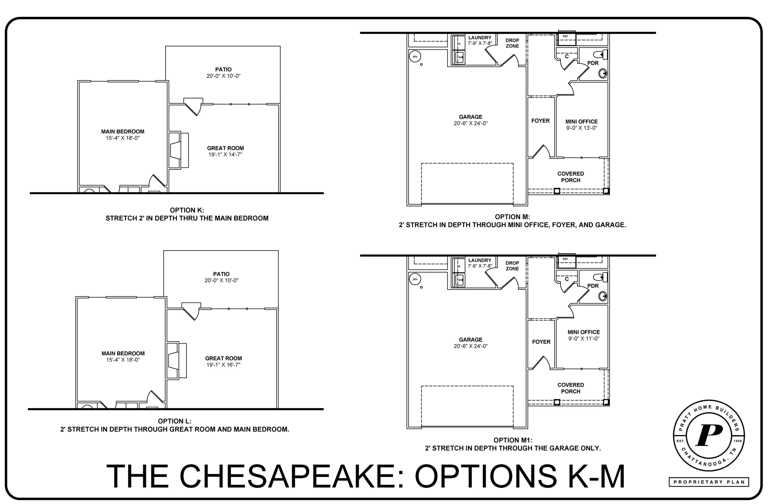 Floor plans for "The Chesapeake" options K-M by Pratt Home Builders in Chattanooga TN, showing variations in room and garage sizes.