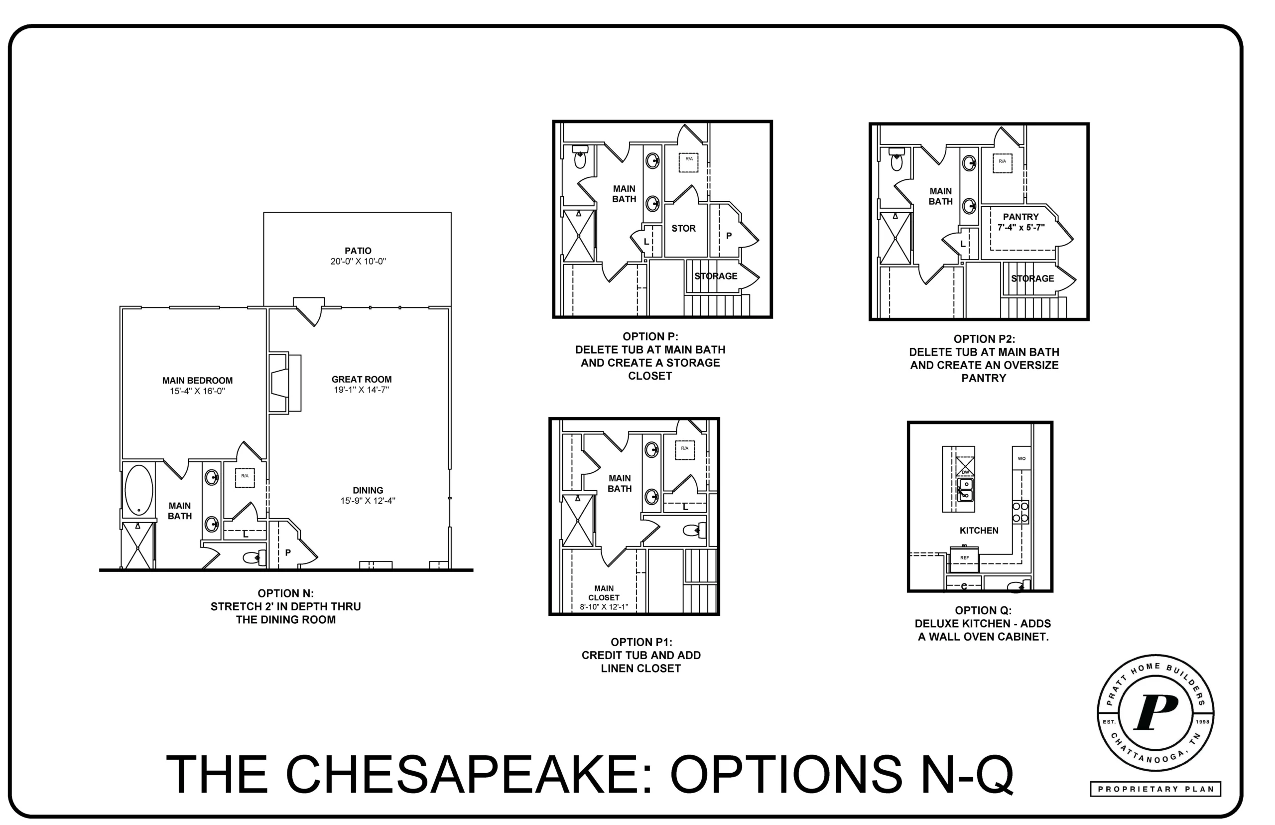 Floor plan for "The Chesapeake" options N-Q by Pratt Home Builders in Chattanooga TN, detailing various layout customization options.
