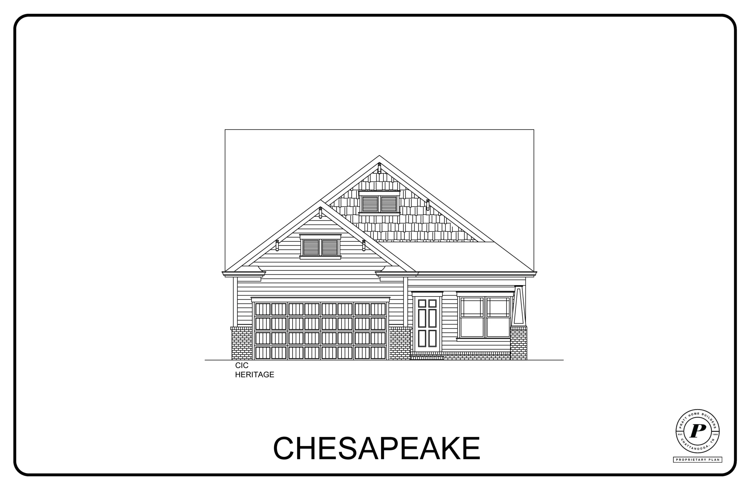 Chesapeake home design schematic by Pratt Home Builders in Chattanooga TN; features gable roof, double garage, and front porch.