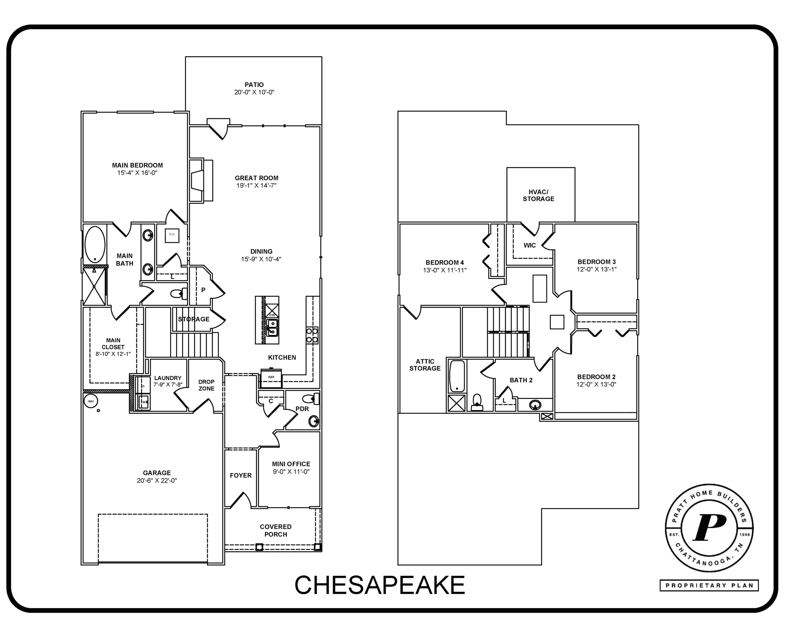 Chesapeake floor plan by Pratt Home Builders in Chattanooga TN, featuring a main bedroom, great room, kitchen, and three upstairs bedrooms.