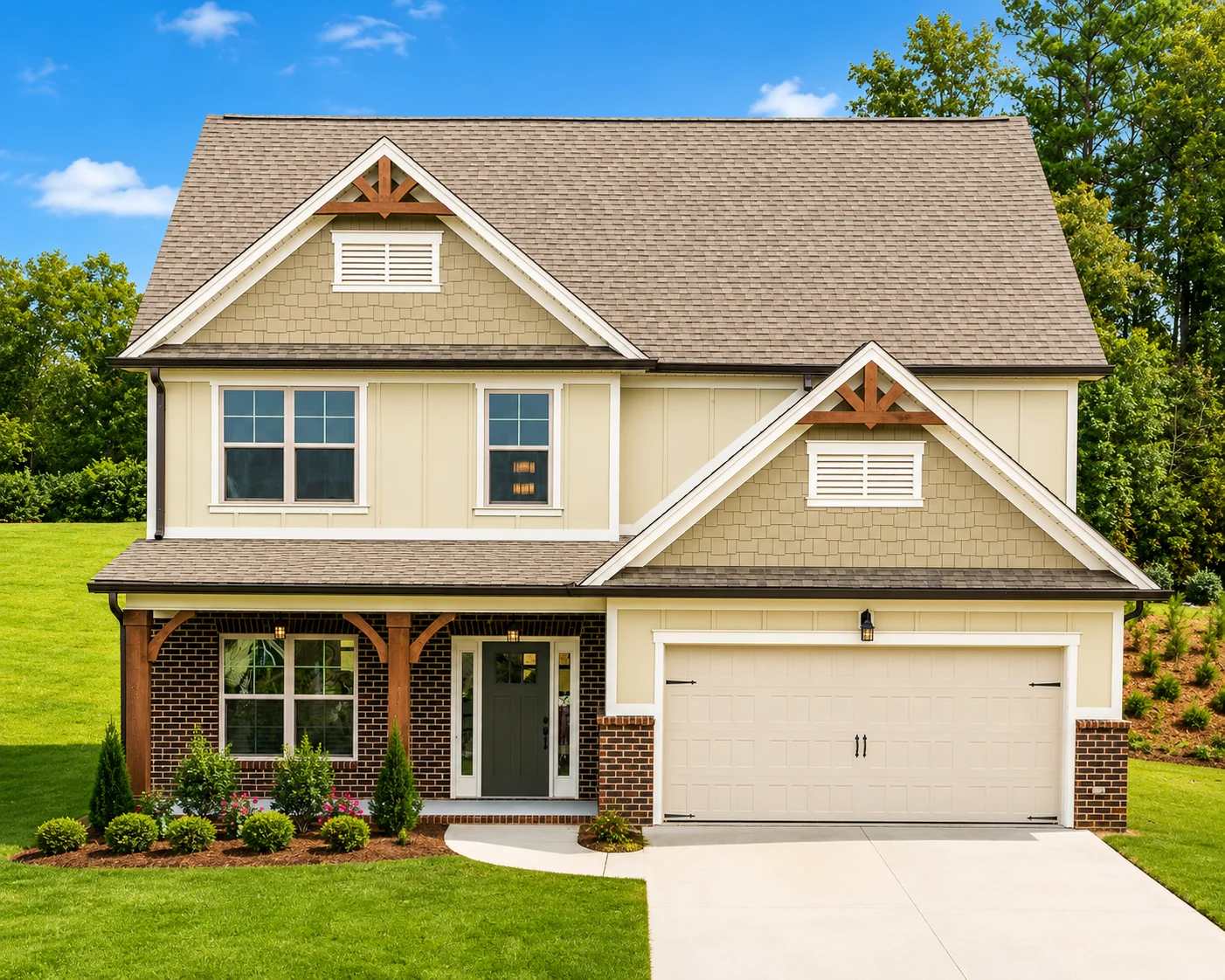 Two-story suburban home with beige siding, brick accents, and a two-car garage, built by Pratt Home Builders in Chattanooga TN.