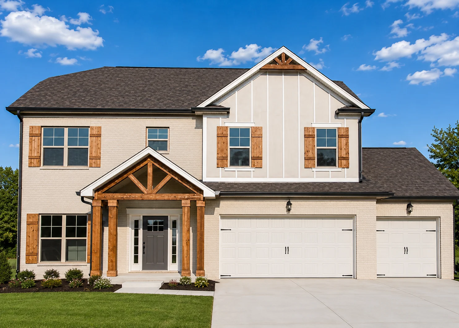Lexington-floor-plan-front-exterior-home-for-sale Modern two-story home with rustic wood accents and three-car garage by Pratt Home Builders in Chattanooga TN.