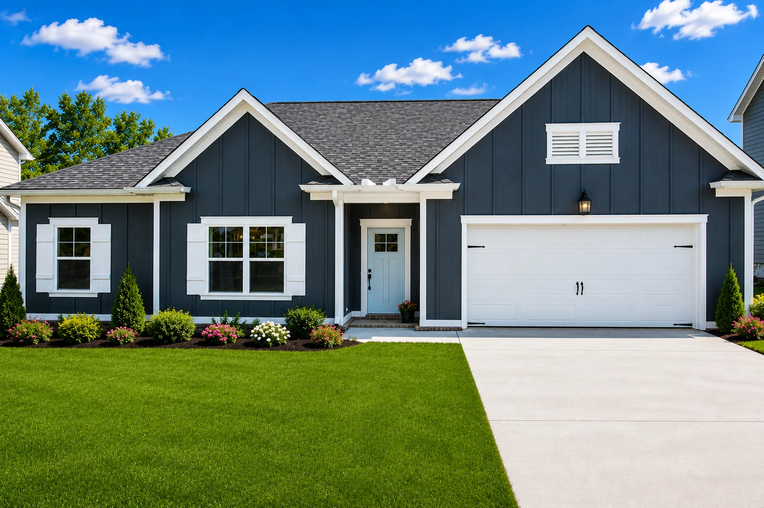 Ocoee-floor-plan-front-exterior-home-for-sale Modern blue and white house with manicured lawn, built by Pratt Home Builders in Chattanooga TN. Bright day with a few clouds.