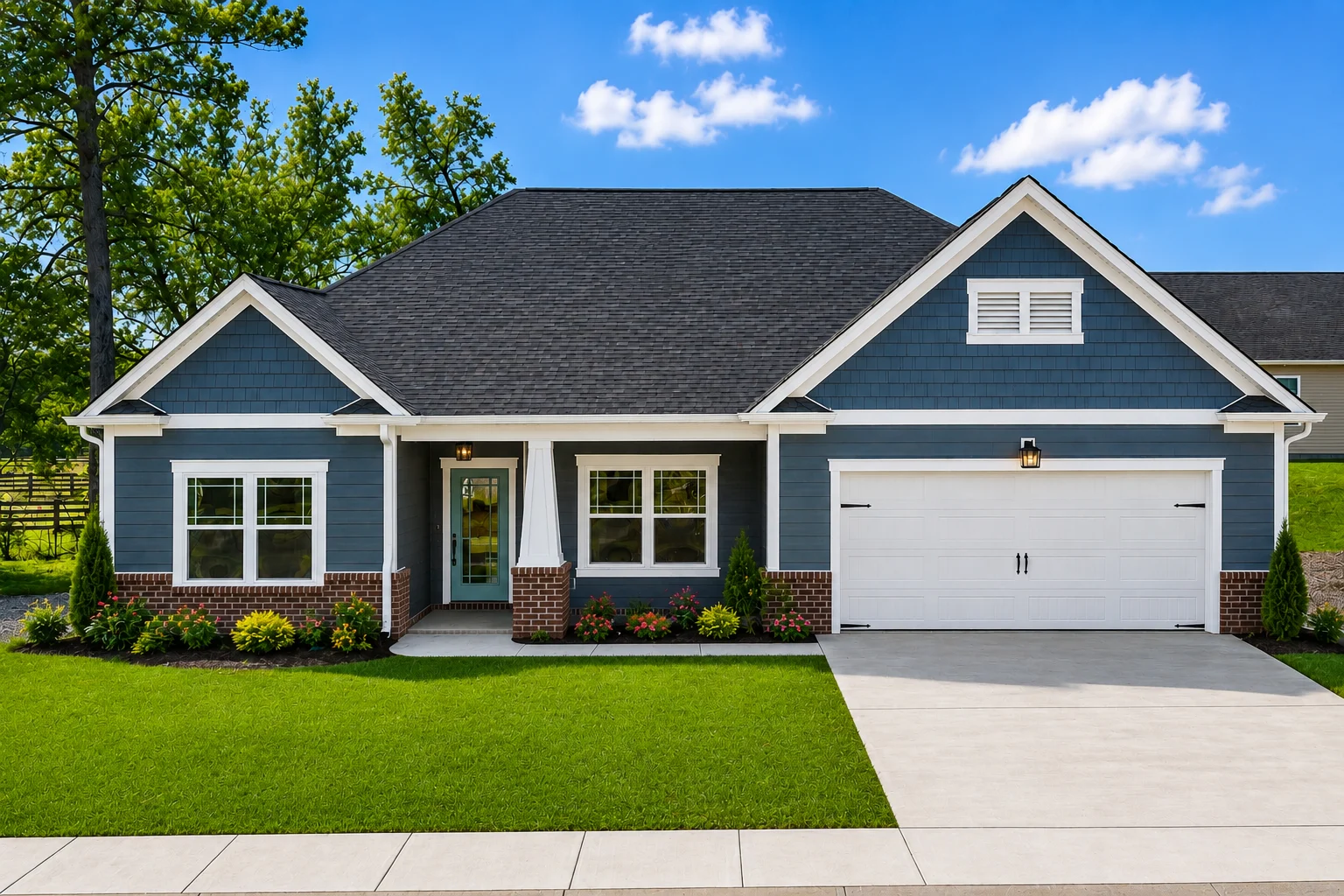 Silverton-floor-plan-front-exterior-home-for-sale Modern blue home with a gable roof, white garage door, and manicured lawn by Pratt Home Builders in Chattanooga TN.