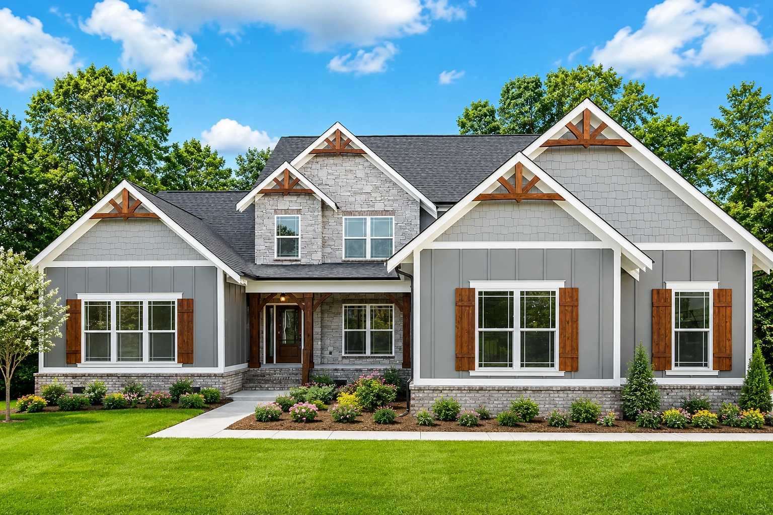 Elegant gray Craftsman-style home by Pratt Home Builders in Chattanooga TN, featuring wooden accents, large windows, and lush landscaping.