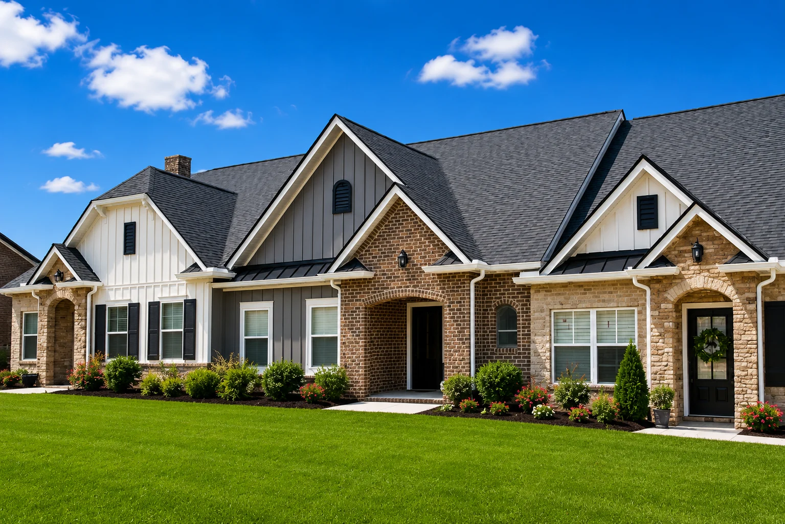 Brow-wood-floor-plan-front-exteriors-homes-for-sale-lookout-mountain Modern suburban home with brick facade, gabled roof, and manicured lawn, highlighting Pratt Home Builders in Chattanooga TN.