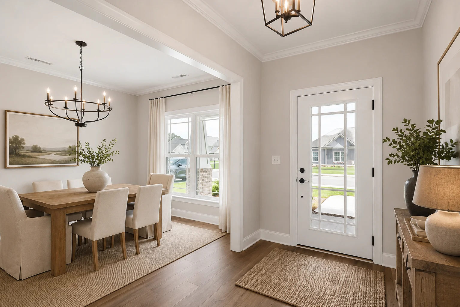 Elegant dining room with natural light, wooden table, cream chairs, and modern chandelier; design by Pratt Home Builders in Chattanooga TN.