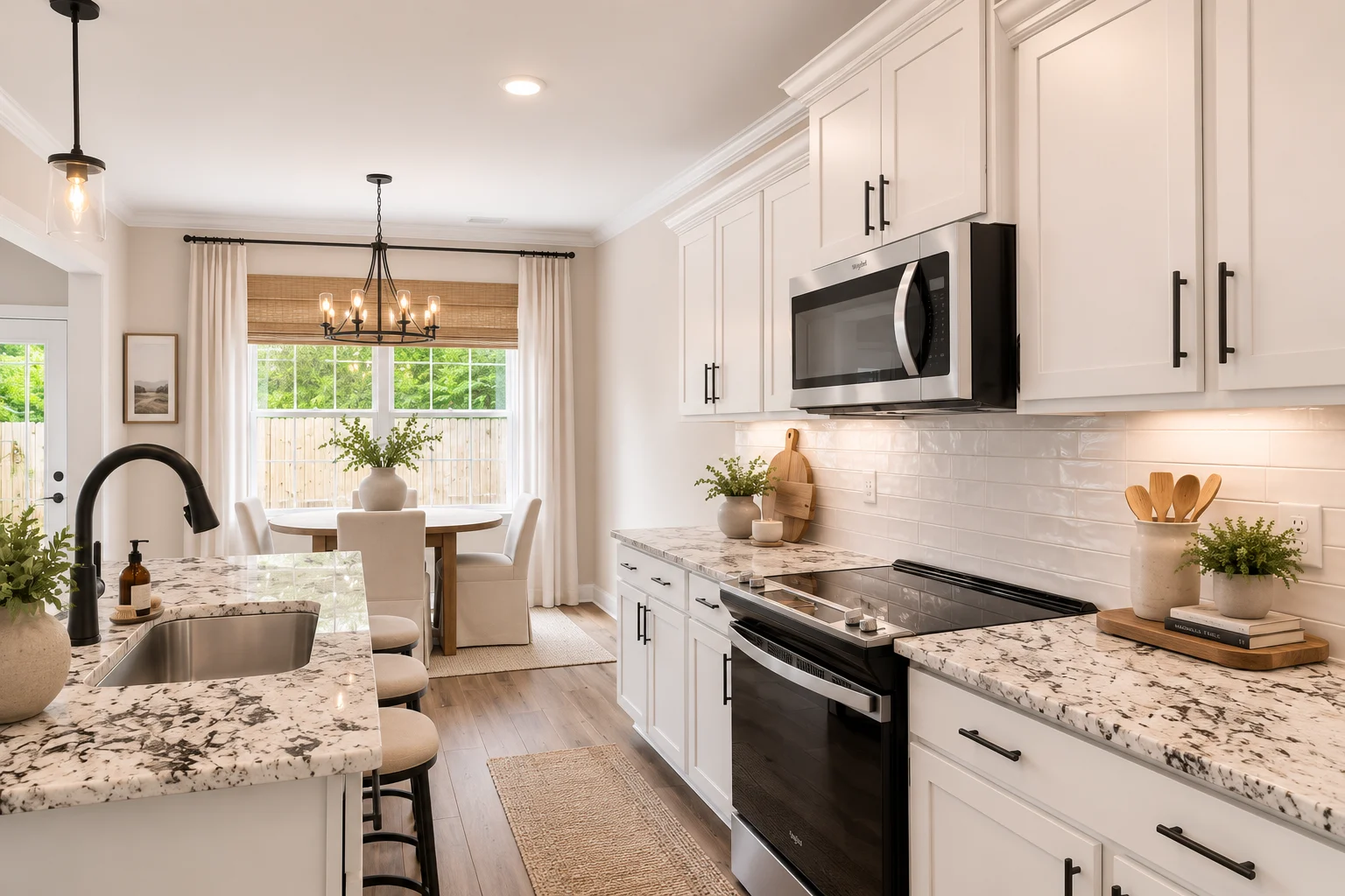 Modern kitchen and dining area with white cabinets, granite countertops, and cozy seating by Pratt Home Builders in Chattanooga TN.