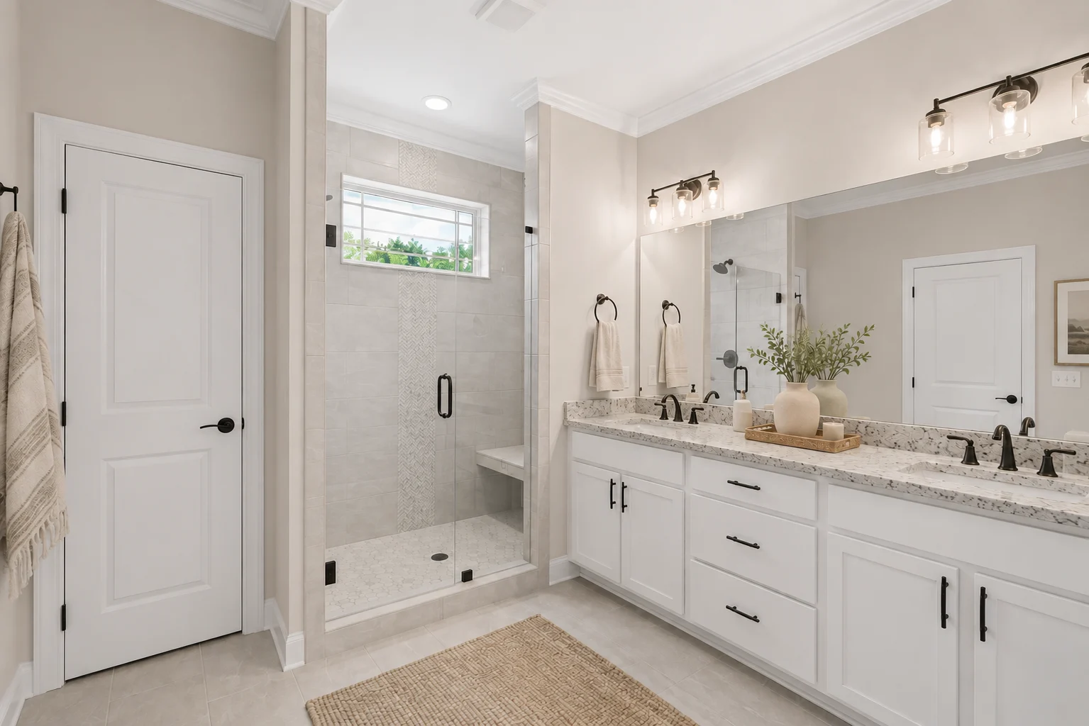 Modern bathroom by Pratt Home Builders in Chattanooga TN with a double vanity, glass shower, and neutral decor.