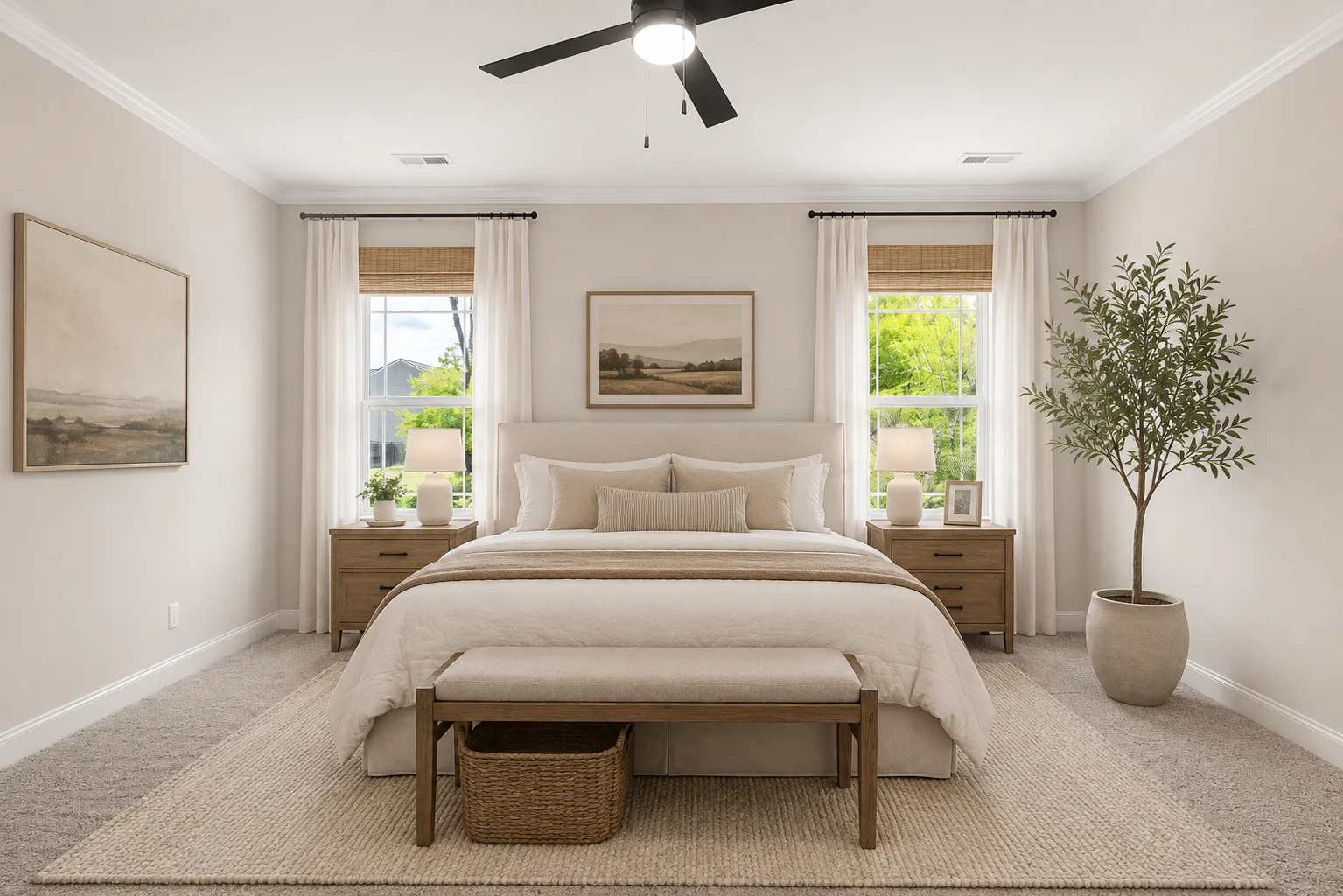 Elegant bedroom with neutral decor, large bed, and potted plant by Pratt Home Builders in Chattanooga TN. Sunlit windows enhance the serene space.
