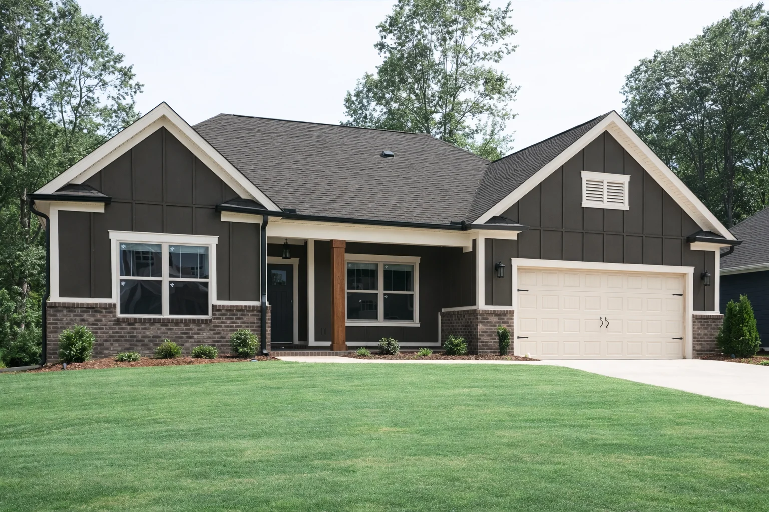 New Home Chattanooga TN. Modern single-story home with dark siding and a two-car garage by Pratt Home Builders, surrounded by lush greenery.
