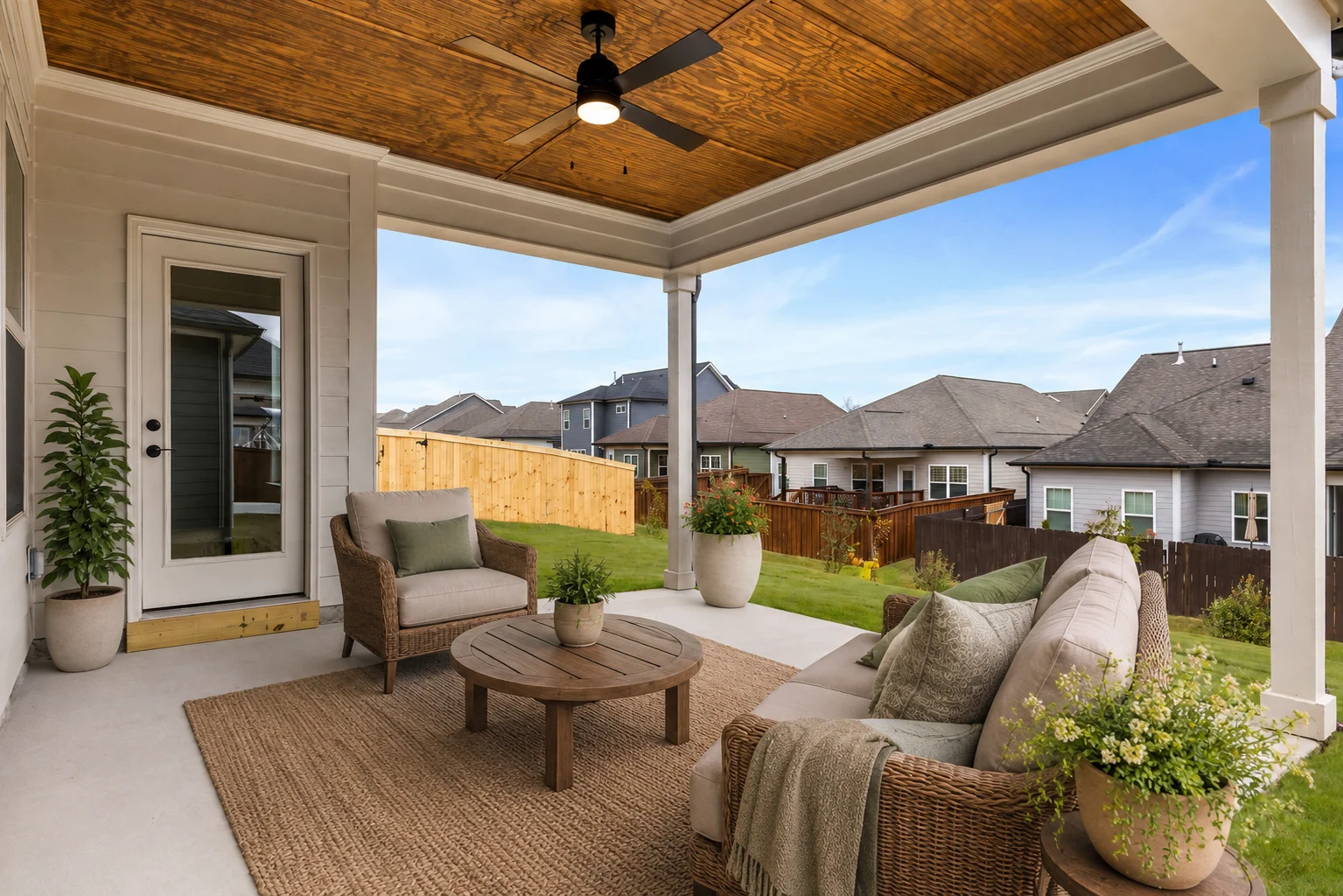Covered patio with wicker furniture, ceiling fan, and potted plants, overlooking a fenced backyard in a Pratt Home Builders Chattanooga TN community.
