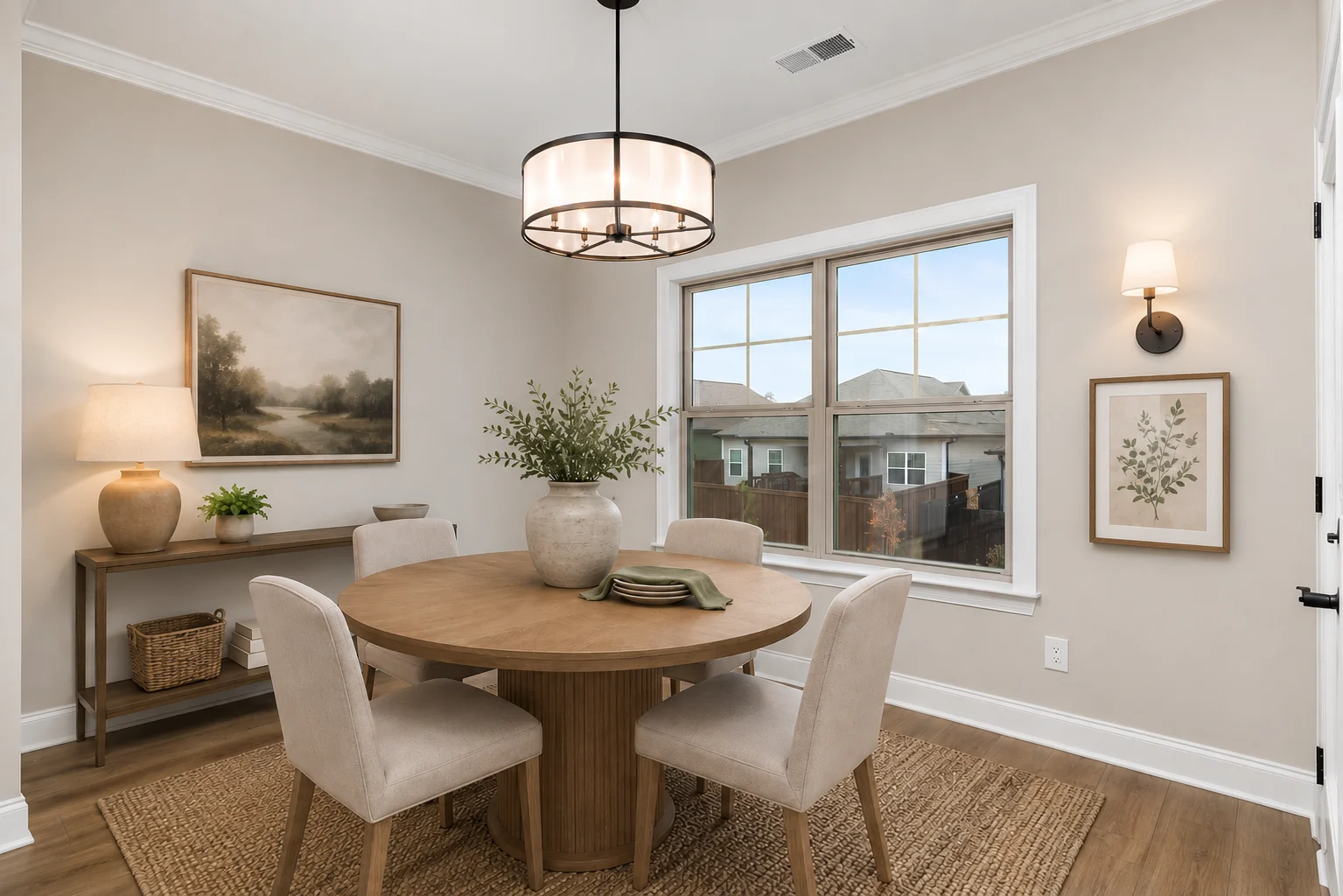 Dining room with round wooden table, beige chairs, large window, artwork, modern light fixture. Designed by Pratt Home Builders in Chattanooga TN.