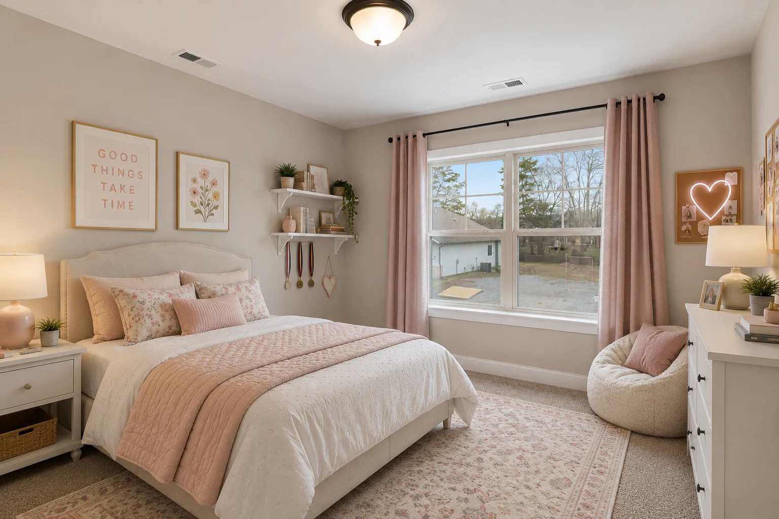 Cozy bedroom by Pratt Home Builders in Chattanooga TN, featuring soft pink decor, a decorative quote, plants, and a large window.