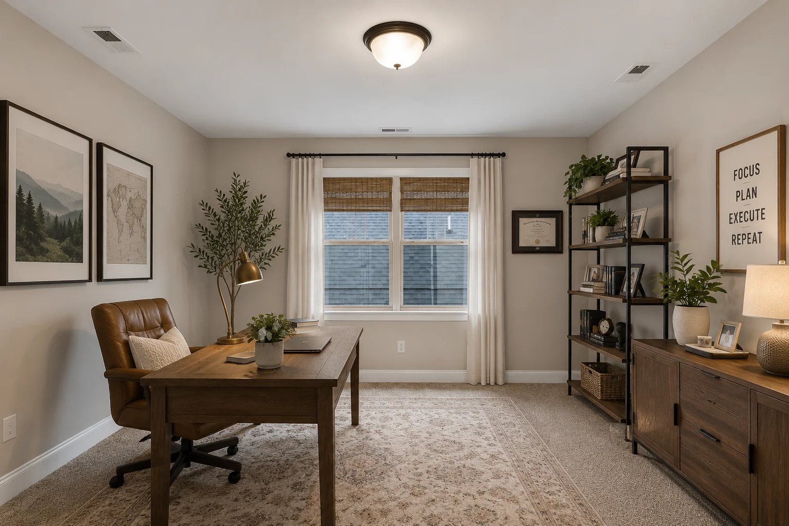 Home office with a wooden desk, leather chair, and shelving. Decor includes plants, framed maps, and inspiring wall art. Pratt Home Builders in Chatta
