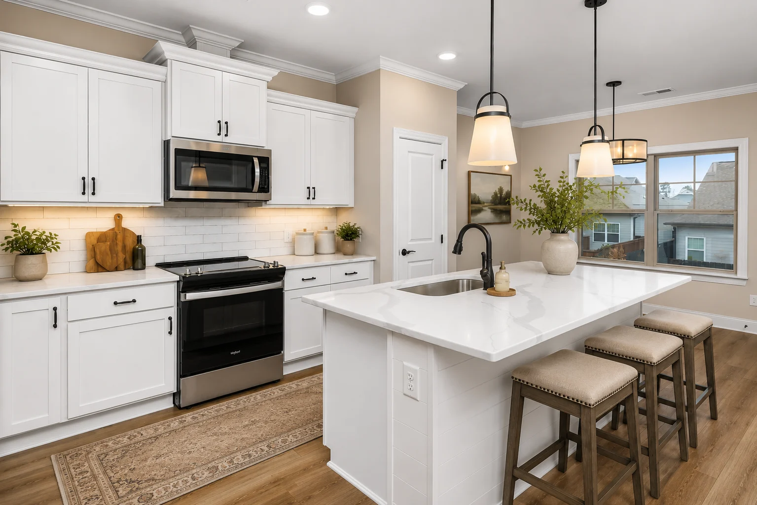 Modern kitchen with white cabinets, island, pendant lights, and stools. Designed by Pratt Home Builders in Chattanooga TN.