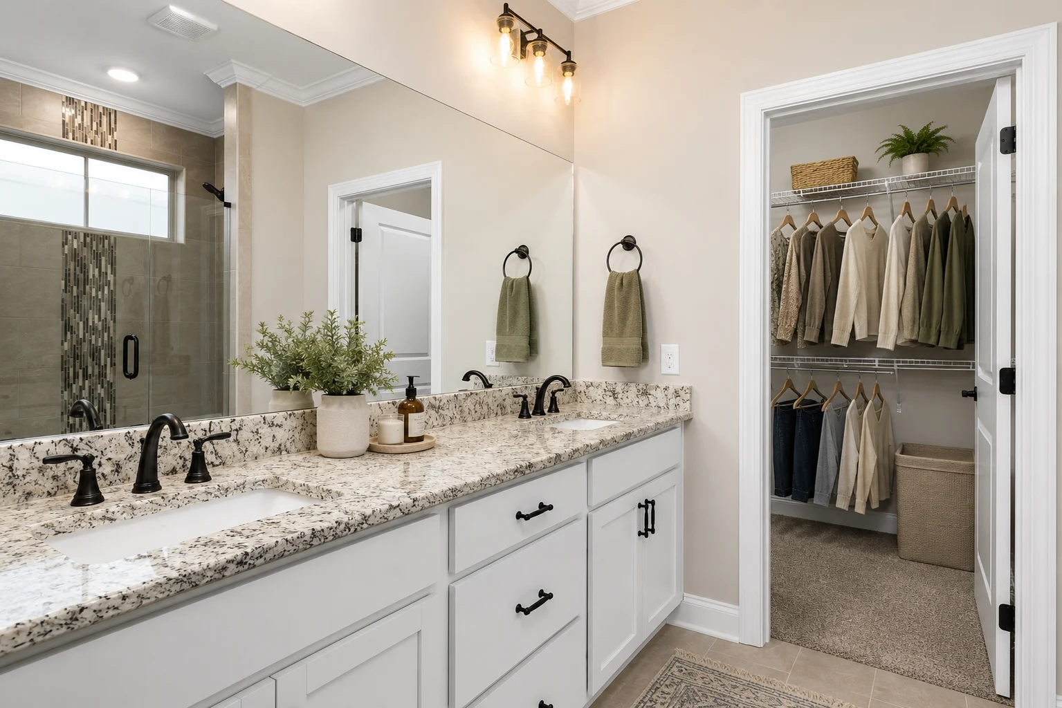 Modern bathroom and walk-in closet by Pratt Home Builders in Chattanooga, TN, features granite countertops, dual sinks, and a tile shower.