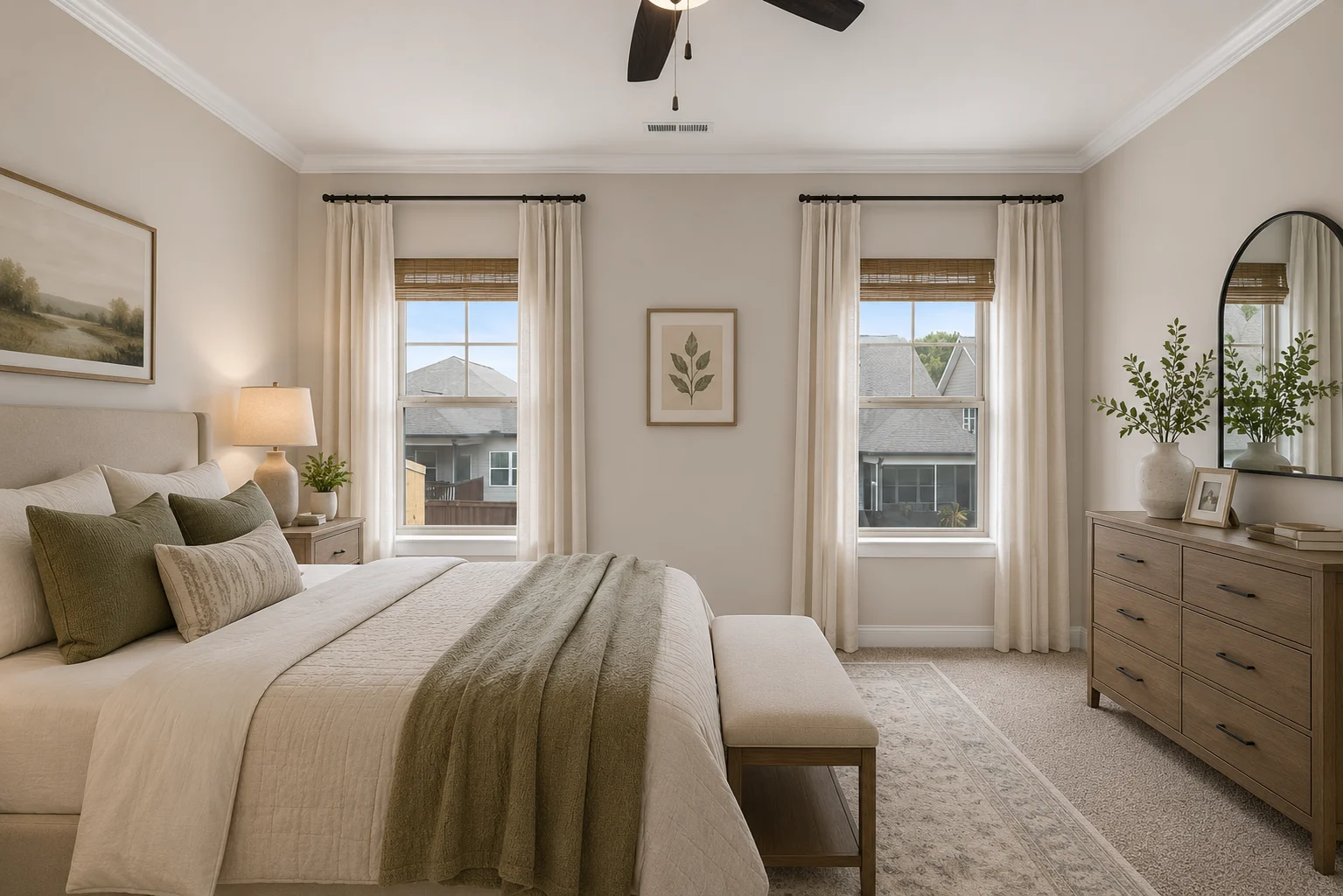 Elegant bedroom by Pratt Home Builders in Chattanooga TN, featuring neutral tones, large windows, and a dresser topped with greenery.