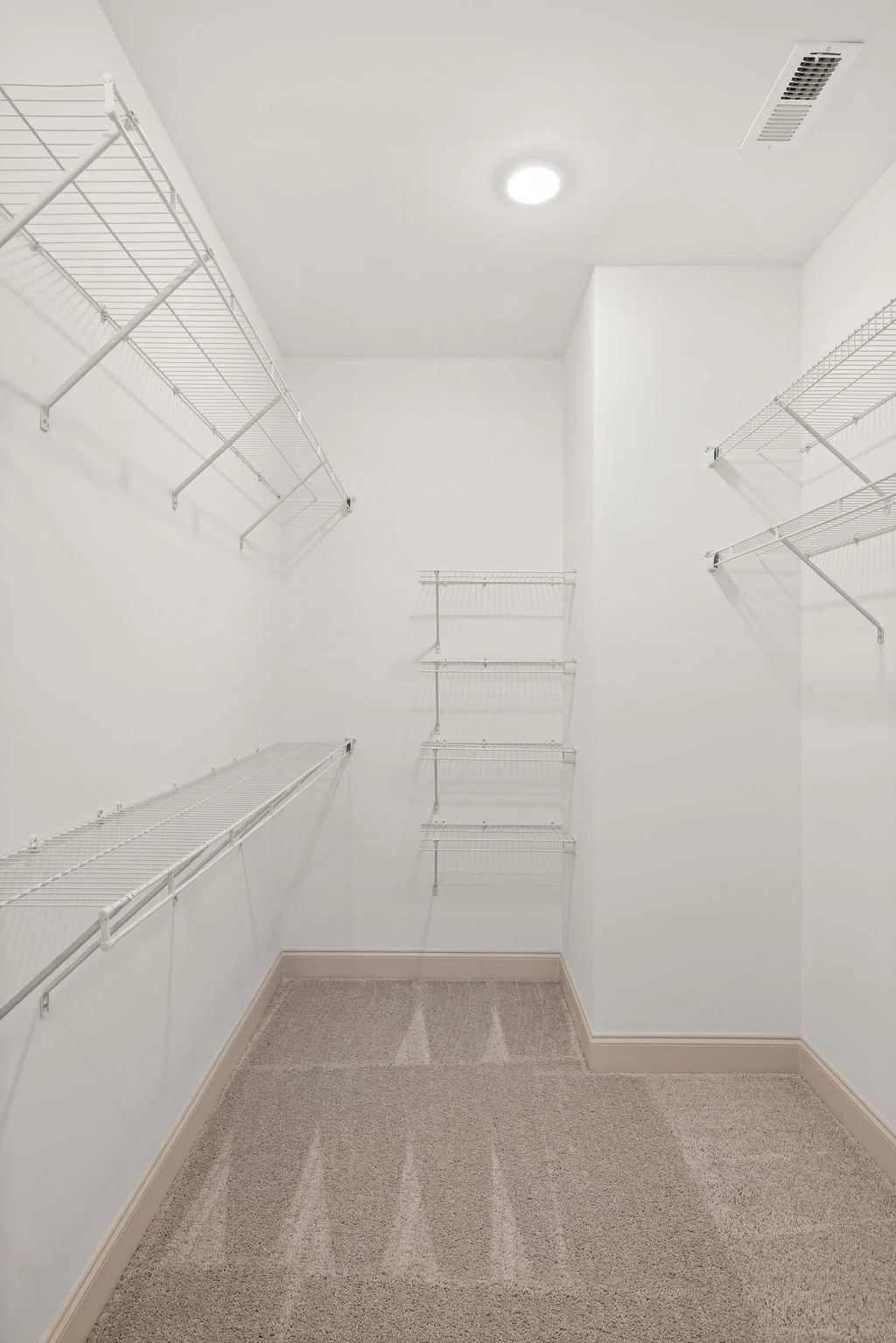 Walk-in closet with white wire shelving and beige carpet, designed by Pratt Home Builders in Chattanooga TN.