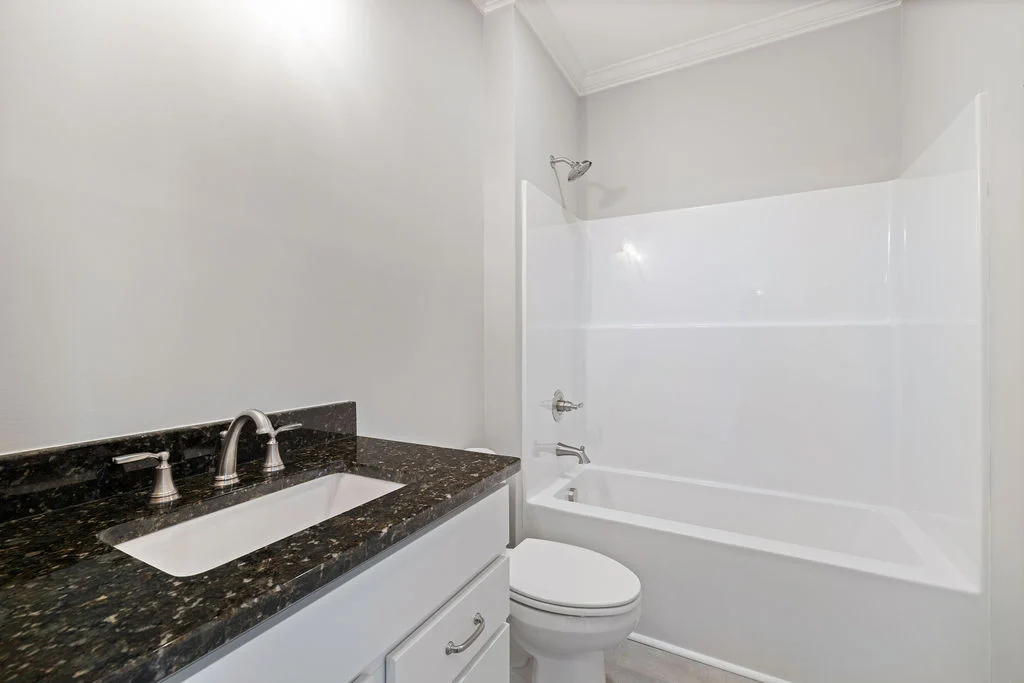Modern bathroom with a sleek black granite countertop sink, white cabinetry, and a bathtub. Built by Pratt Home Builders in Chattanooga TN.