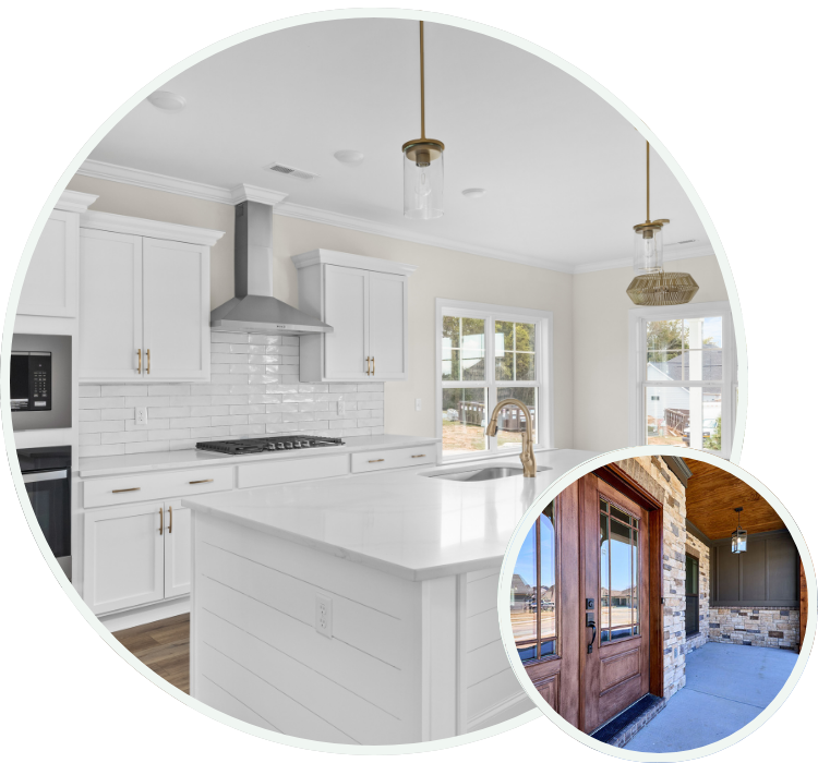 Modern white kitchen with island, pendant lights, and subway tile by Pratt Home Builders in Chattanooga TN. Insert of elegant brick exterior entryway.
