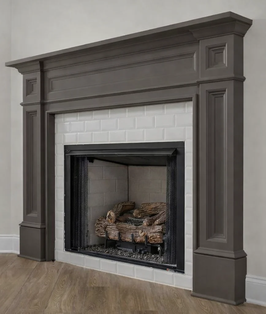 Home for sale in Soddy Daisy. Elegant fireplace with a dark wood mantle and white subway tile surround, designed by Pratt Home Builders in Chattanooga, TN.