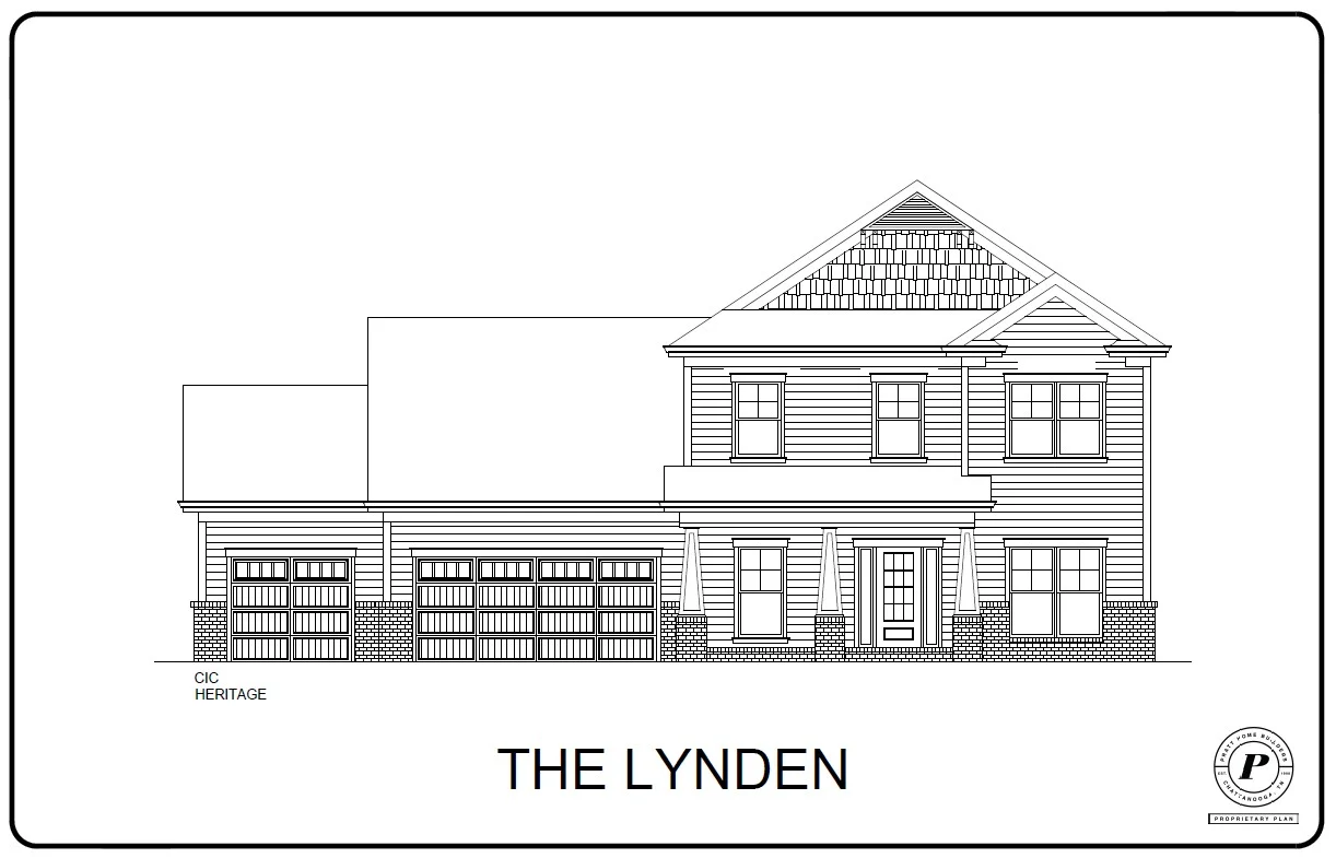The Lynden two-story house blueprint by Pratt Home Builders in Chattanooga TN, featuring a three-car garage and detailed exterior design.