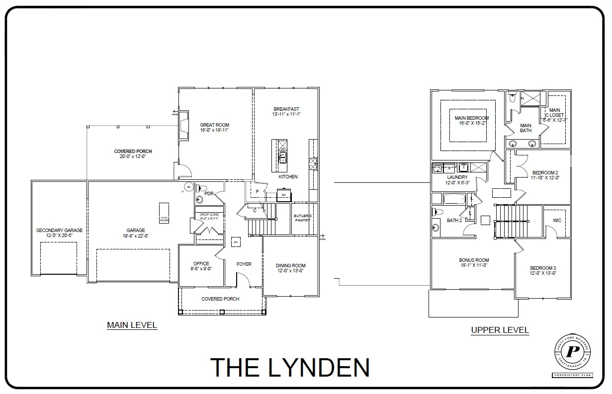 Floor plan of "The Lynden" by Pratt Home Builders in Chattanooga TN, showing main and upper levels with labeled rooms and measurements.