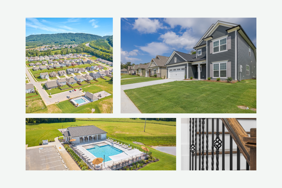 Collage of the Bainbridge community showing an aerial view of the neighborhood and pool, a two-story gray new-construction home, a resort-style pool and cabana, and a close-up of wrought- iron stair railing details.