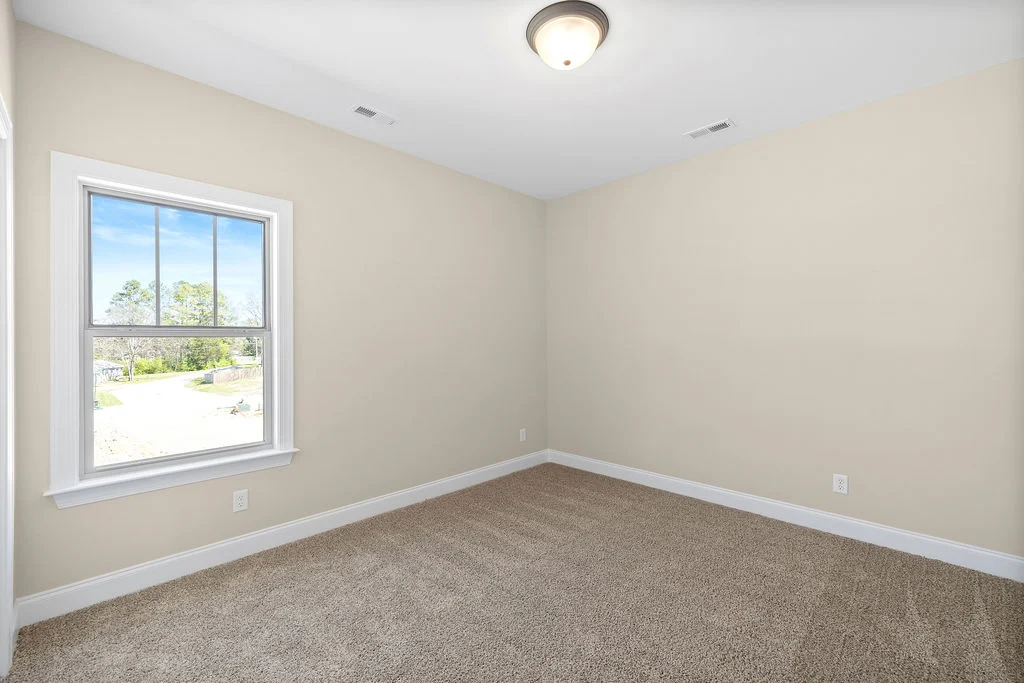 Empty beige room with carpet, single window showing outside view, and ceiling light fixture. Constructed by Pratt Home Builders in Chattanooga TN.