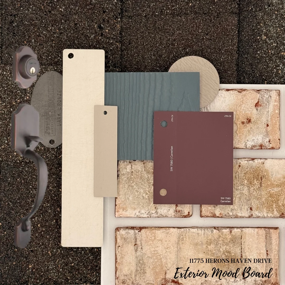Now selling. Exterior mood board featuring color swatches, textured materials, and hardware by Pratt Home Builders in Chattanooga TN.
