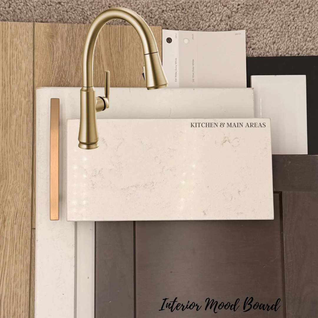 Interior mood board with marble countertop, brass faucet, wood textures, labeled "Kitchen & Main Areas" by Pratt Home Builders in Chattanooga TN. New home.