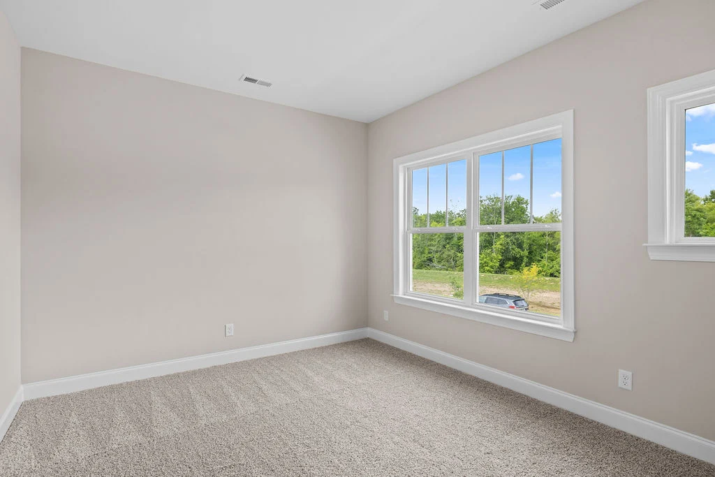 Empty room with beige walls, carpet flooring, and large windows overlooking greenery. Built by Pratt Home Builders in Chattanooga, TN.