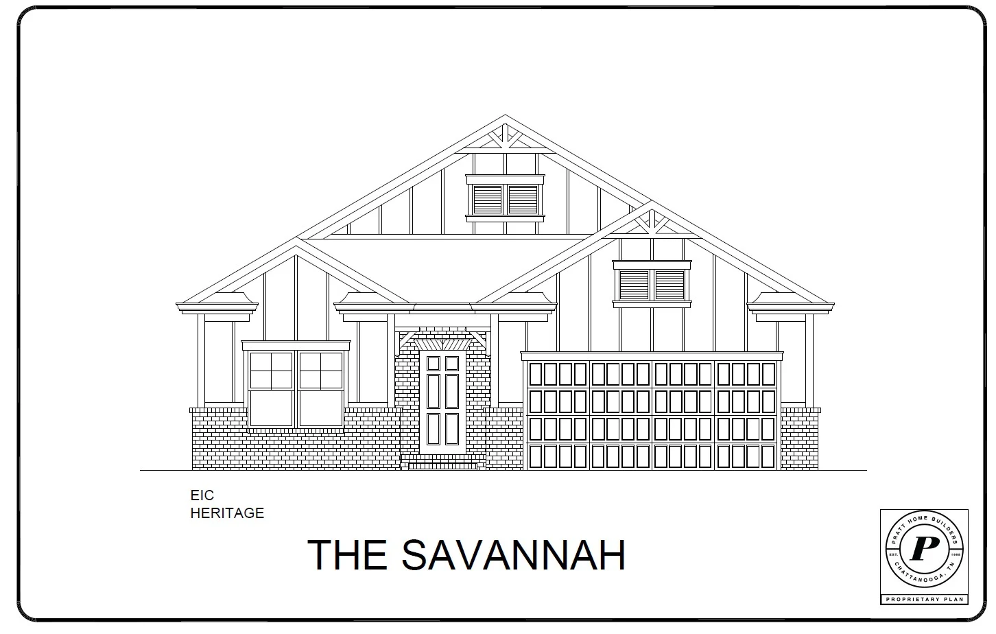 "The Savannah" home design by Pratt Home Builders in Chattanooga TN; features a symmetrical facade with a gable roof and prominent garage.