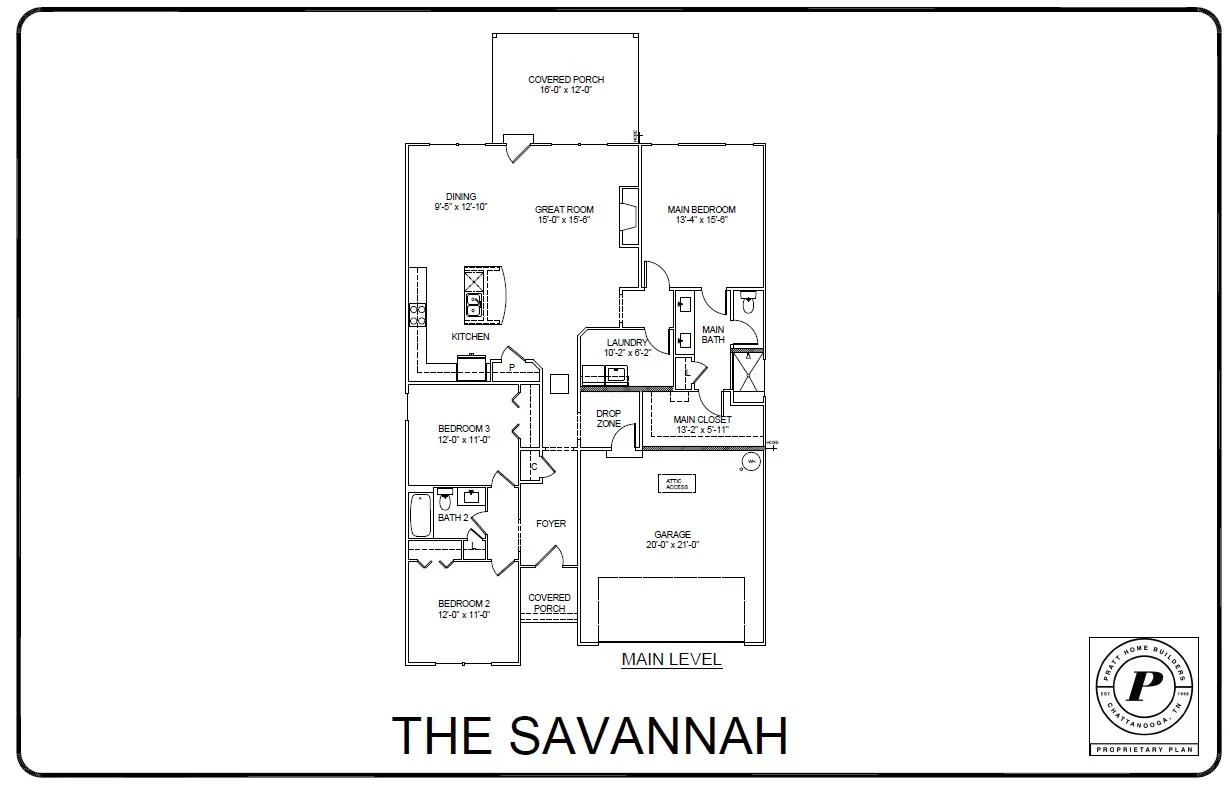 Floor plan of "The Savannah" by Pratt Home Builders in Chattanooga TN, featuring three bedrooms, great room, kitchen, and covered porch.