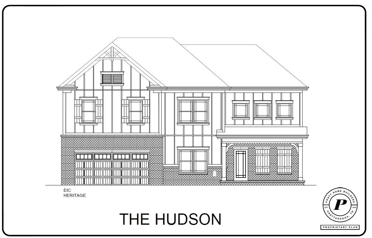 Architectural blueprint of "The Hudson," a two-story home design by Pratt Home Builders in Chattanooga, TN, featuring detailed facade elements.