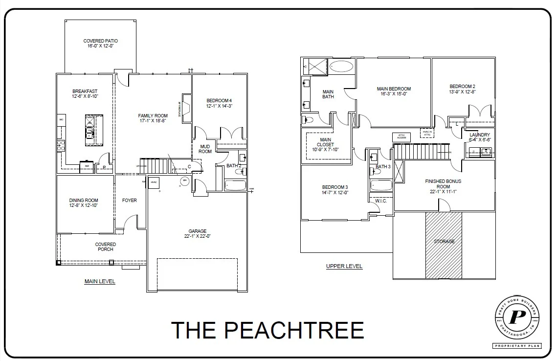Floor plan for The Peachtree by Pratt Home Builders in Chattanooga, TN, featuring main and upper levels with rooms and dimensions.
