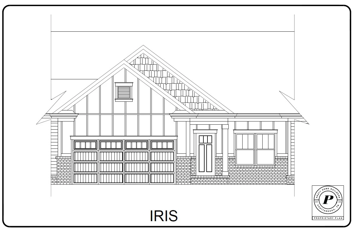 Architectural sketch of the Iris house design by Pratt Home Builders in Chattanooga TN, featuring a gable roof and double garage.