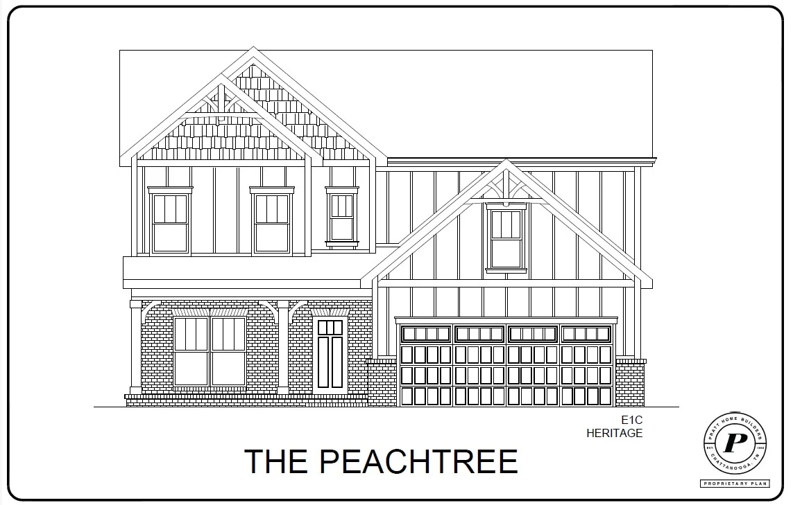 Architectural sketch of "The Peachtree" by Pratt Home Builders in Chattanooga TN, featuring two-story house with gabled roofs and a double garage.