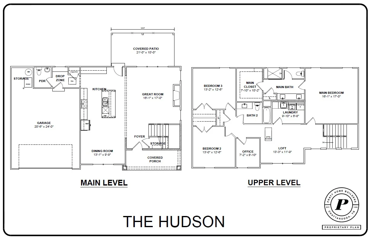 Floor plan of "The Hudson" by Pratt Home Builders in Chattanooga, TN, featuring main and upper levels with labeled rooms and dimensions.