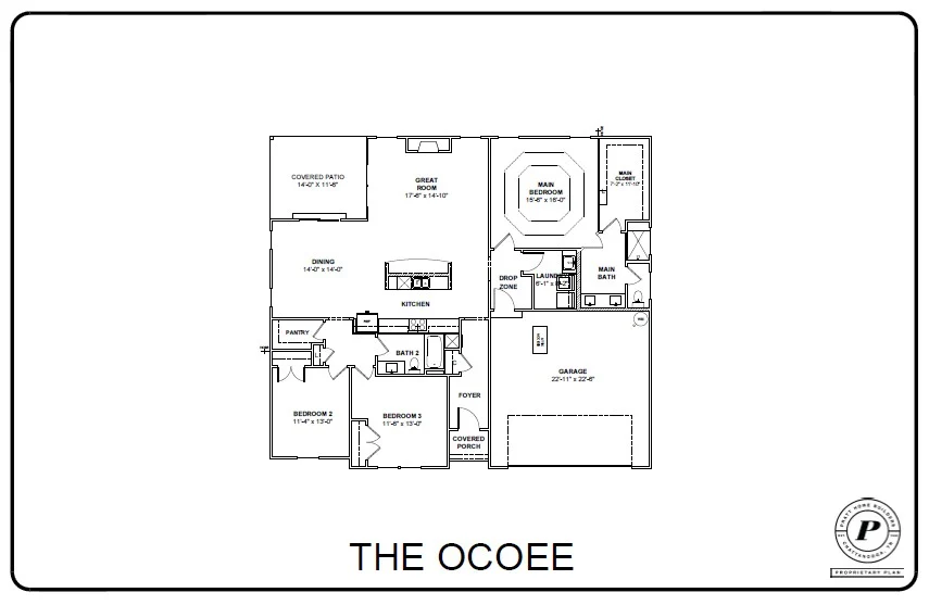 Floor plan of "The Ocoee" by Pratt Home Builders in Chattanooga TN, featuring three bedrooms, two baths, great room, and garage.