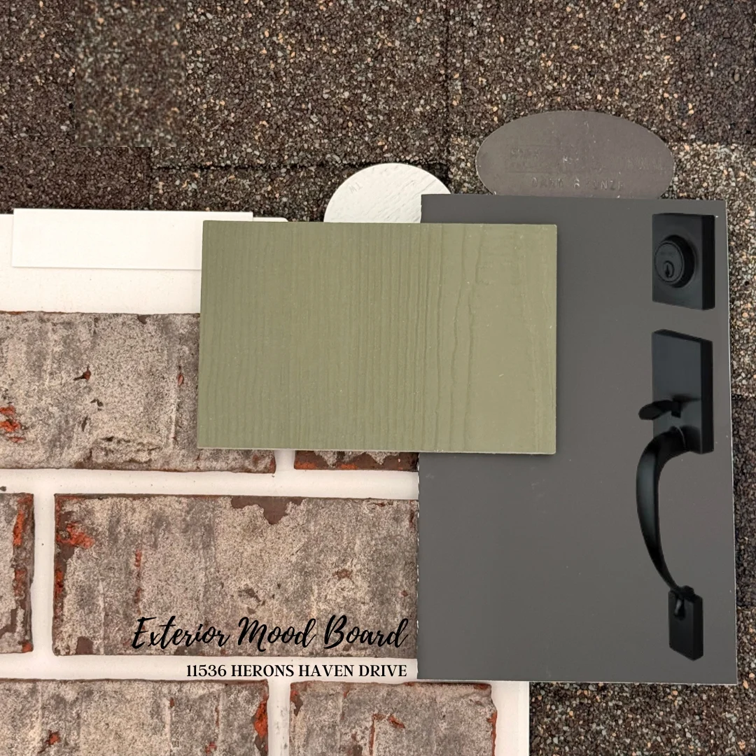 New Home Chattanooga TN. Exterior mood board with brick, green siding, dark gray handle, and roof sample by Pratt Home Builders. 11536 Herons Haven Drive.