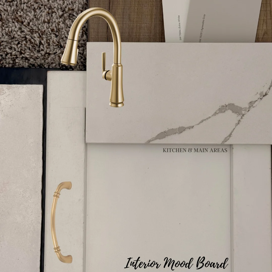 New Home Chattanooga TN. Interior mood board featuring gold faucet, marble countertop sample, cabinet handle, and wood flooring by Pratt Home Builders.