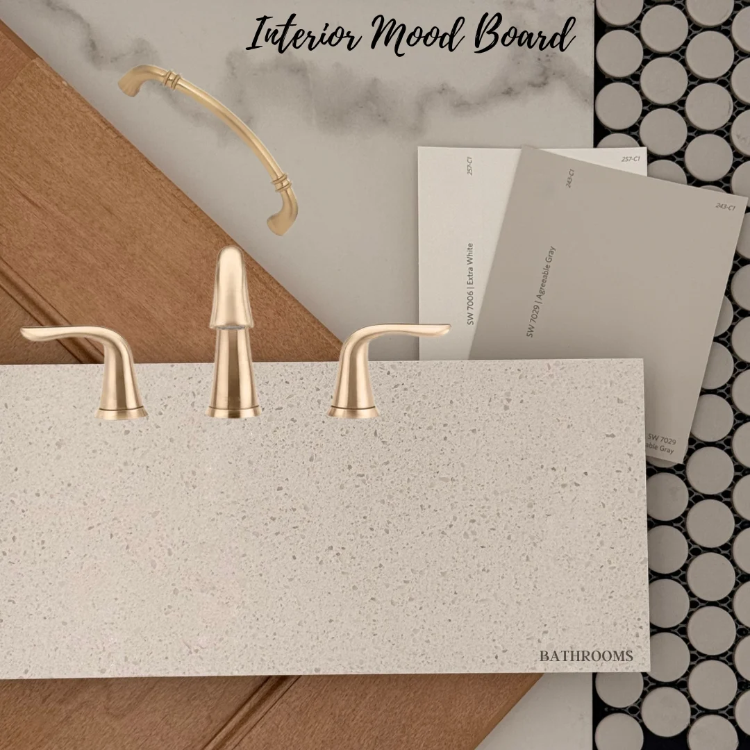 New Home Chattanooga TN. Bathroom interior mood board by Pratt Home Builders, featuring brass fixtures, wood, marble textures, and neutral color swatches.