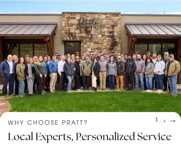 Large group of people standing outside Pratt Home Builders in Chattanooga, TN, under a sign that reads "Local Experts, Personalized Service."